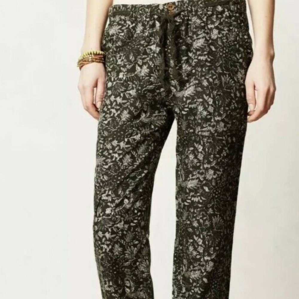 Anthro Hei Hei Army Green White Floral Pants